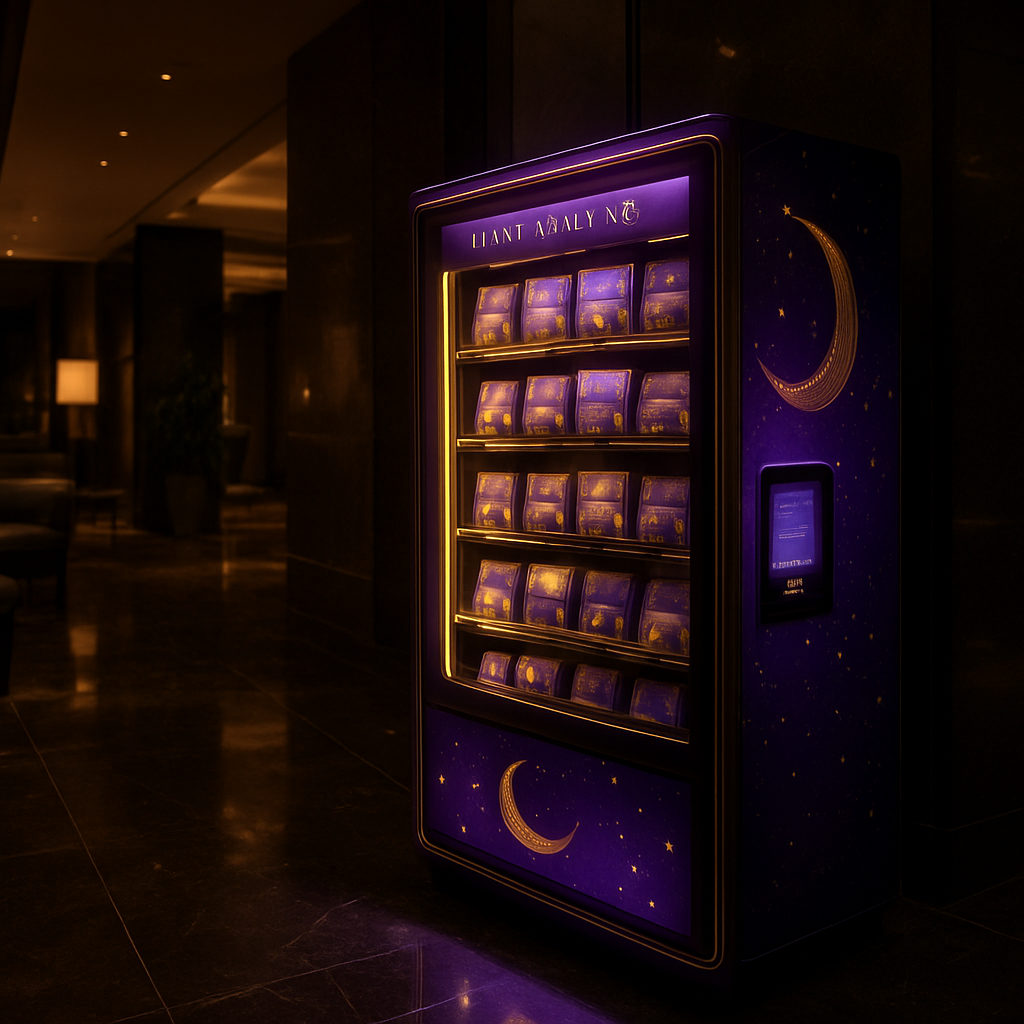 CosmicVend machine in a luxury hotel lobby, powered by dedicated cloud app